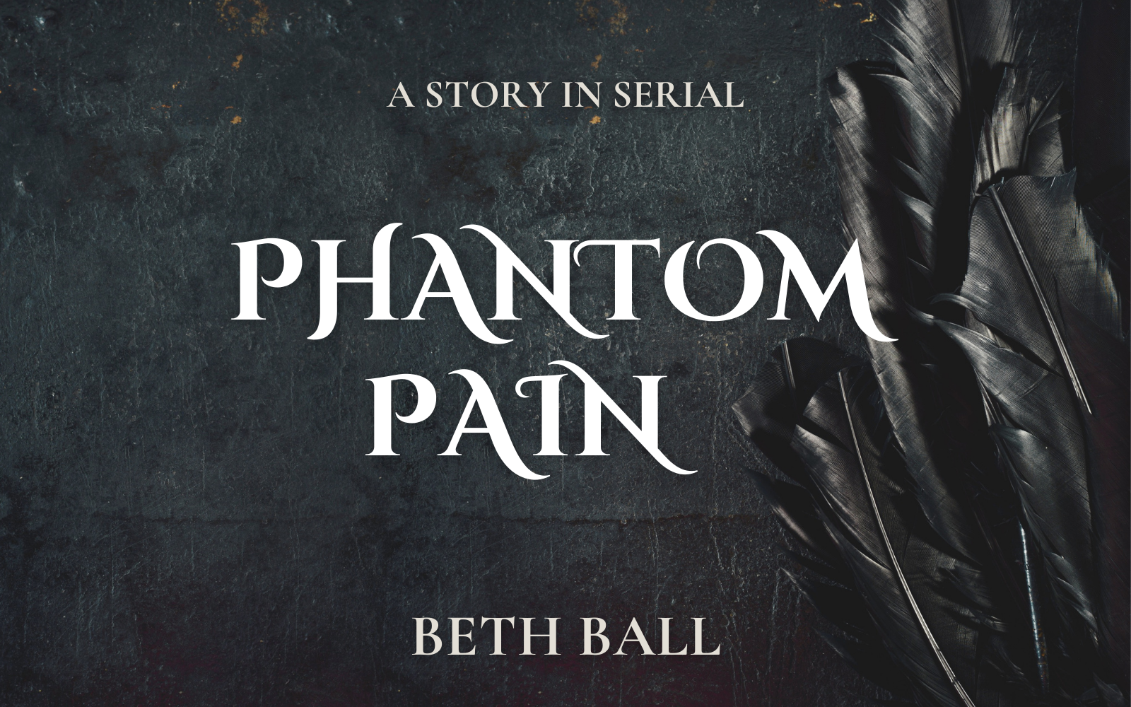 picture of raven feathers on a dark stone background with text overlay that reads Phantom Pain, A Story in Serial by Beth Ball